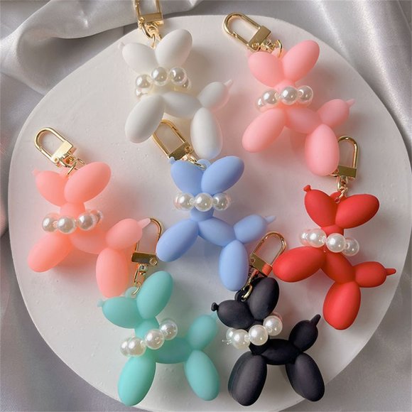 NEW Balloon Art Dog with Pearl Bag Charm Keychain Clip Keyring - Picture 1 of 4